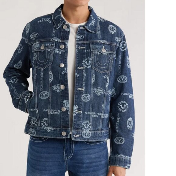 True Religion Other - True Religion AOP Logo Denim SN Jacket Medium Rustic Barn Wash Size XL NWT